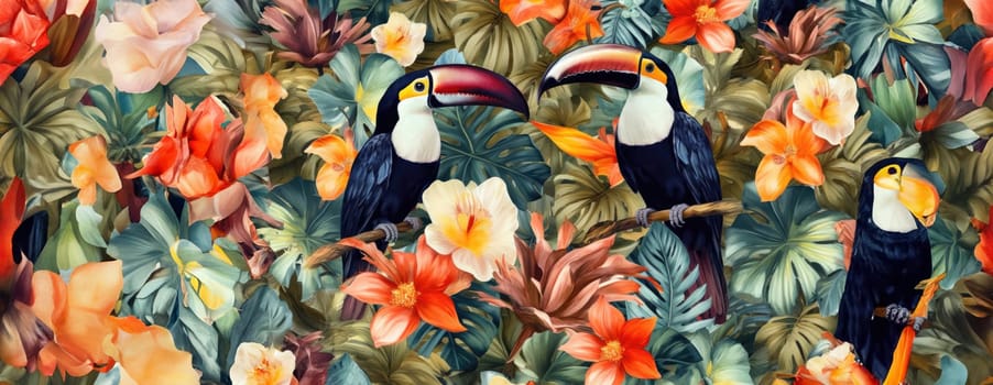 Tropical exotic pattern with animal and flowers in bright colors and lush vegetation. Ai Generative