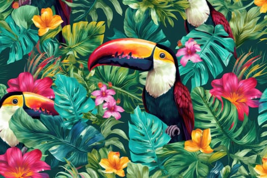 Tropical exotic pattern with animal and flowers in bright colors and lush vegetation. Ai Generative