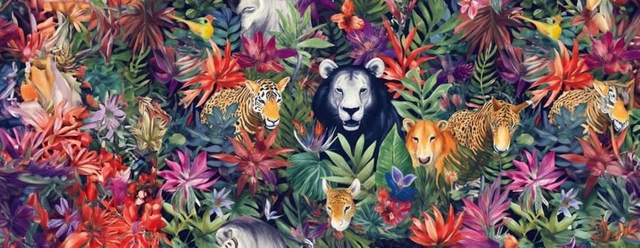 Tropical exotic pattern with animal and flowers in bright colors and lush vegetation. Ai Generative