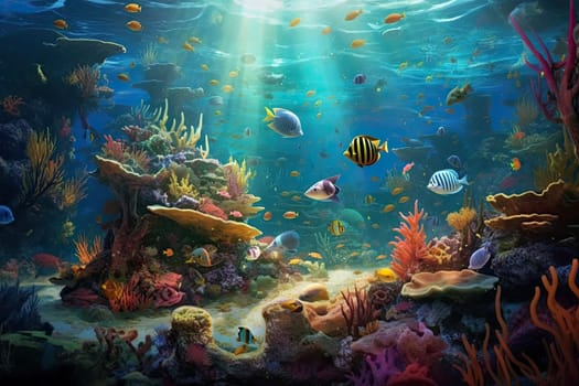 Tropical sea underwater fishes on coral reef. Aquarium oceanarium wildlife colorful marine panorama landscape nature snorkel diving. AI Generative