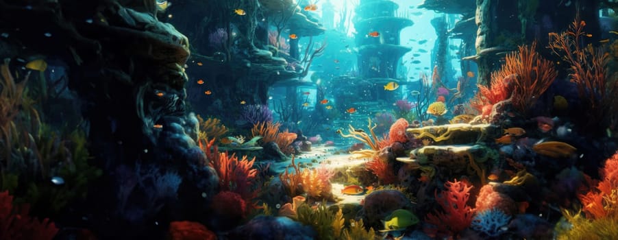 Tropical sea underwater fishes on coral reef. Aquarium oceanarium wildlife colorful marine panorama landscape nature snorkel diving. AI Generative