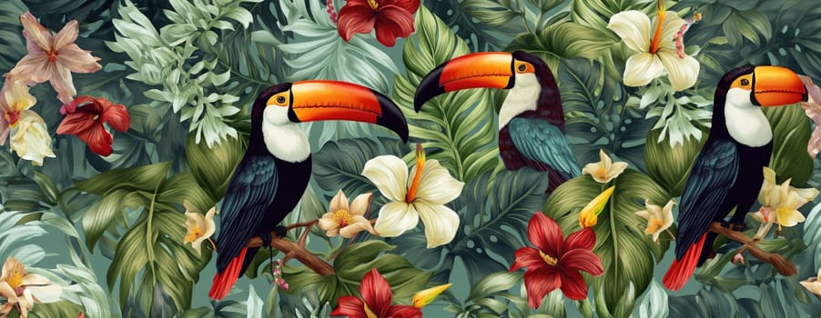 Tropical exotic pattern with animal and flowers in bright colors and lush vegetation. Ai Generative