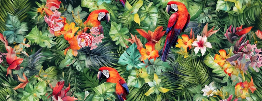 Tropical exotic pattern with animal and flowers in bright colors and lush vegetation. Ai Generative