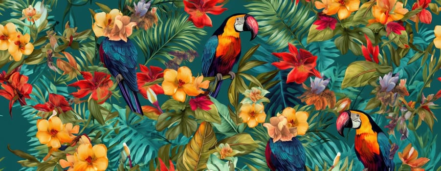 Tropical exotic pattern with animal and flowers in bright colors and lush vegetation. Ai Generative