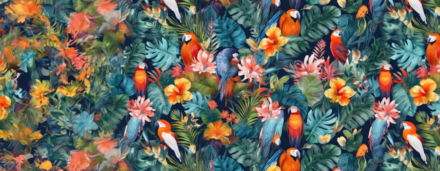 Tropical exotic pattern with animal and flowers in bright colors and lush vegetation. Ai Generative