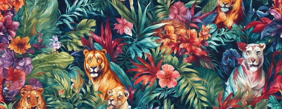 Tropical exotic pattern with animal and flowers in bright colors and lush vegetation. Ai Generative