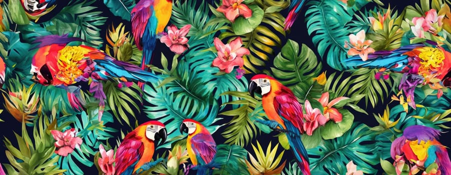 Tropical exotic pattern with animal and flowers in bright colors and lush vegetation. Ai Generative