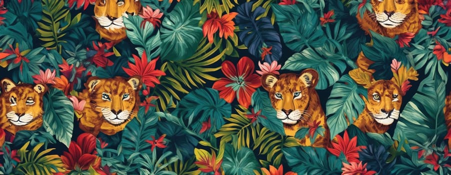 Tropical exotic pattern with animal and flowers in bright colors and lush vegetation. Ai Generative