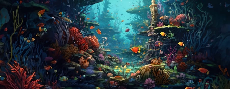 Tropical sea underwater fishes on coral reef. Aquarium oceanarium wildlife colorful marine panorama landscape nature snorkel diving. AI Generative