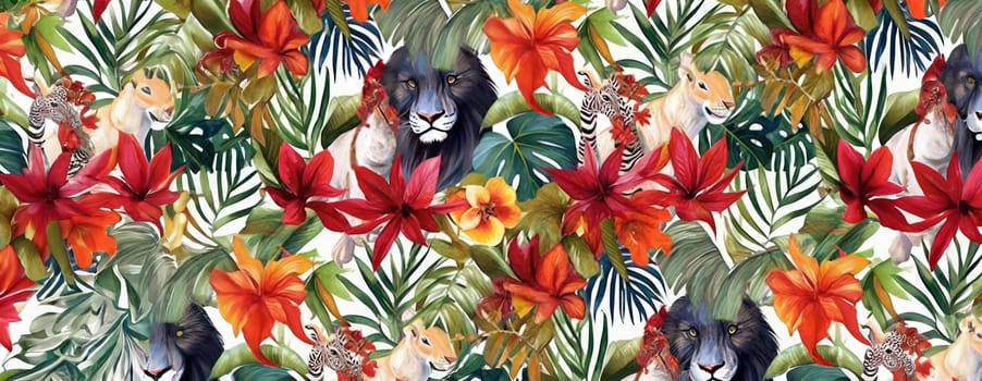 Tropical exotic pattern with animal and flowers in bright colors and lush vegetation. Ai Generative