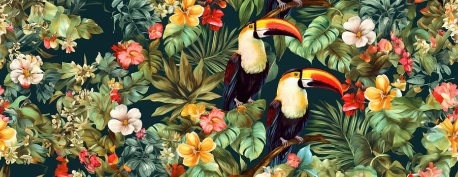 Tropical exotic pattern with animal and flowers in bright colors and lush vegetation. Ai Generative