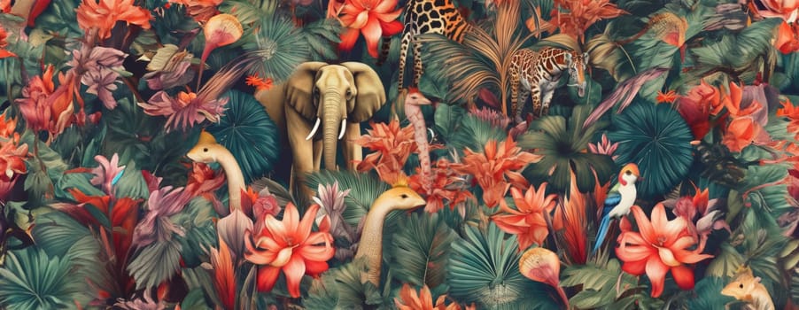 Tropical exotic pattern with animal and flowers in bright colors and lush vegetation. Ai Generative