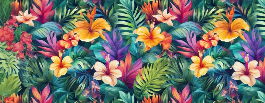 Tropical exotic pattern with animal and flowers in bright colors and lush vegetation. Ai Generative