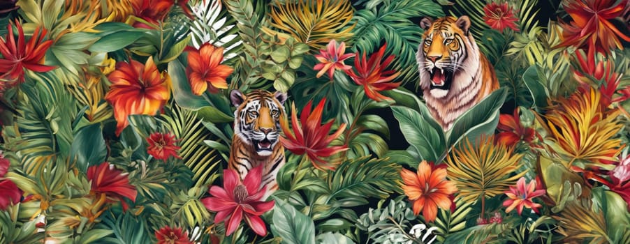 Tropical exotic pattern with animal and flowers in bright colors and lush vegetation. Ai Generative