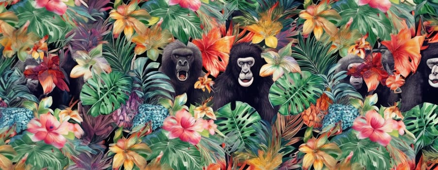 Tropical exotic pattern with animal and flowers in bright colors and lush vegetation. Ai Generative