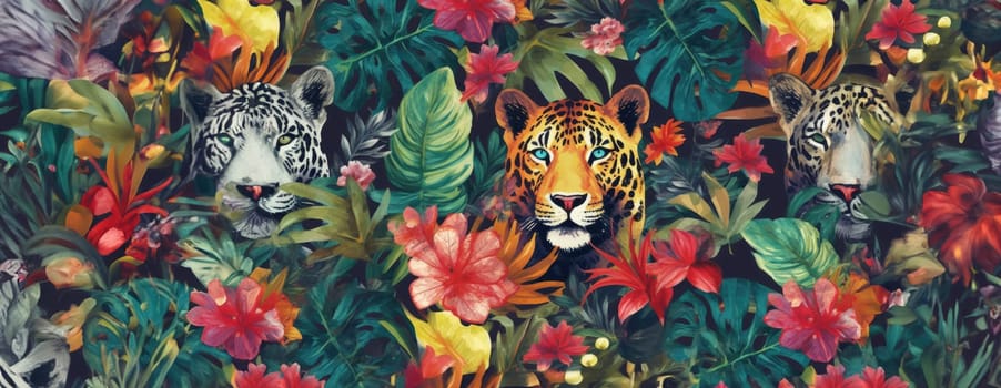 Tropical exotic pattern with animal and flowers in bright colors and lush vegetation. Ai Generative