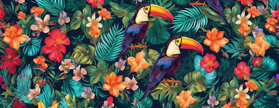 Tropical exotic pattern with animal and flowers in bright colors and lush vegetation. Ai Generative