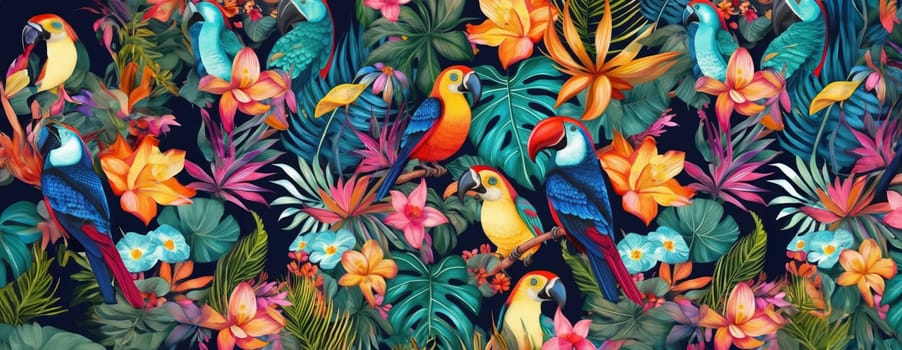 Tropical exotic pattern with animal and flowers in bright colors and lush vegetation. Ai Generative