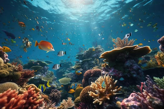 Tropical sea underwater fishes on coral reef. Aquarium oceanarium wildlife colorful marine panorama landscape nature snorkel diving. AI Generative