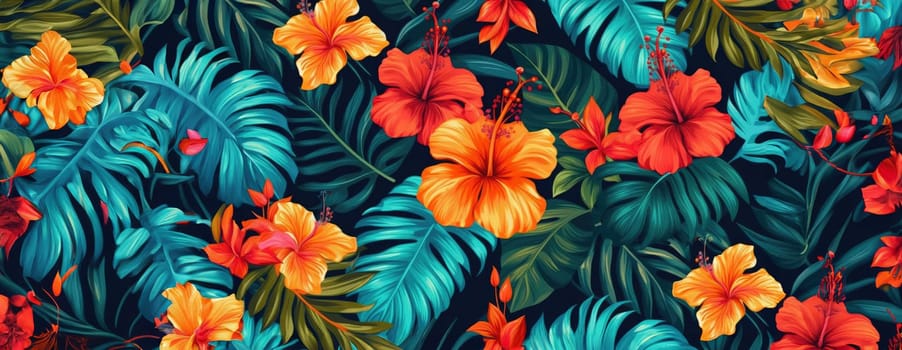 Tropical exotic pattern with animal and flowers in bright colors and lush vegetation. Ai Generative