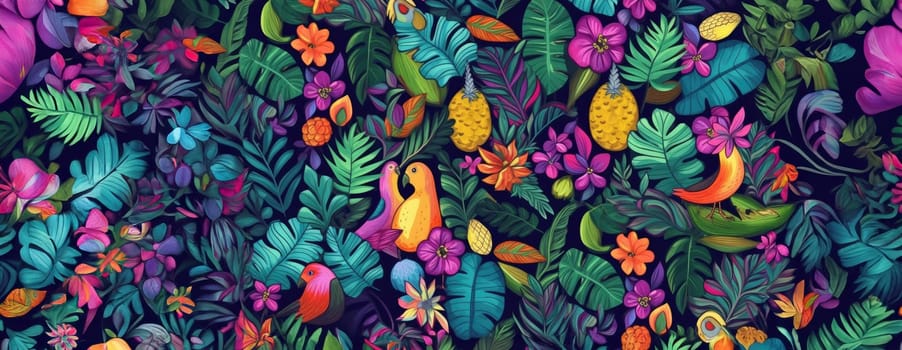 Tropical exotic pattern with animal and flowers in bright colors and lush vegetation. Ai Generative