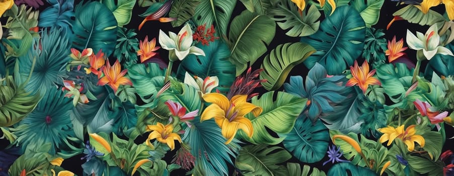 Tropical exotic pattern with animal and flowers in bright colors and lush vegetation. Ai Generative