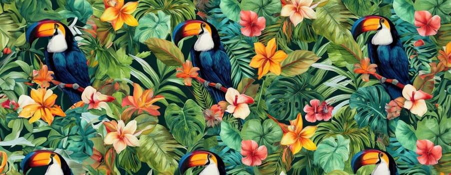 Tropical exotic pattern with animal and flowers in bright colors and lush vegetation. Ai Generative