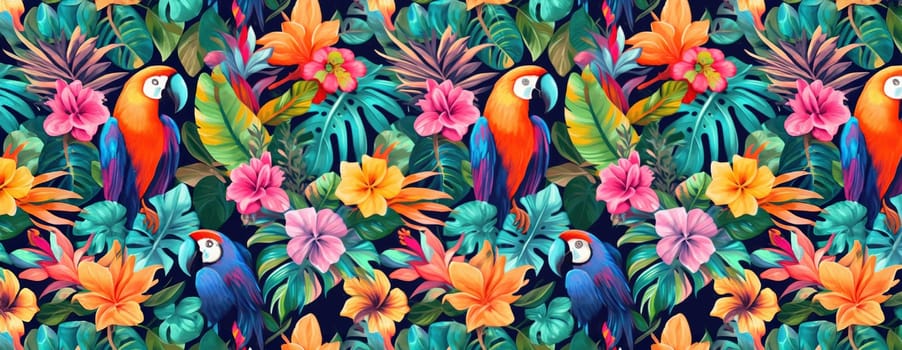 Tropical exotic pattern with animal and flowers in bright colors and lush vegetation. Ai Generative