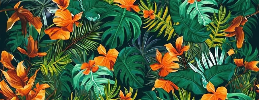 Tropical exotic pattern with animal and flowers in bright colors and lush vegetation. Ai Generative