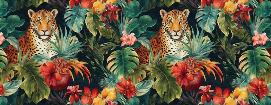 Tropical exotic pattern with animal and flowers in bright colors and lush vegetation. Ai Generative