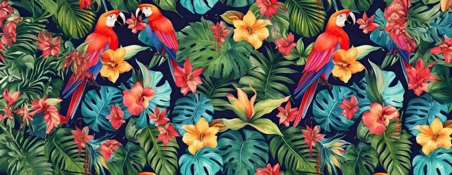 Tropical exotic pattern with animal and flowers in bright colors and lush vegetation. Ai Generative