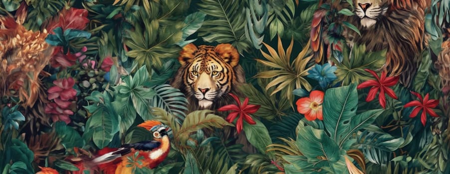 Tropical exotic pattern with animal and flowers in bright colors and lush vegetation. Ai Generative