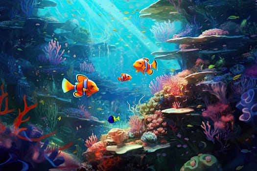 Tropical sea underwater fishes on coral reef. Aquarium oceanarium wildlife colorful marine panorama landscape nature snorkel diving. AI Generative