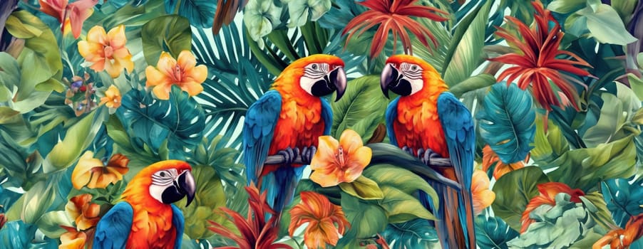 Tropical exotic pattern with animal and flowers in bright colors and lush vegetation. Ai Generative