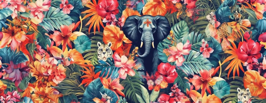 Tropical exotic pattern with animal and flowers in bright colors and lush vegetation. Ai Generative