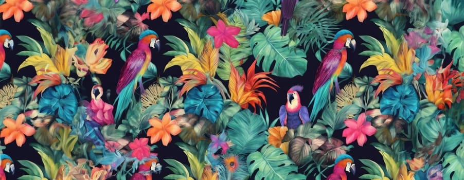 Tropical exotic pattern with animal and flowers in bright colors and lush vegetation. Ai Generative