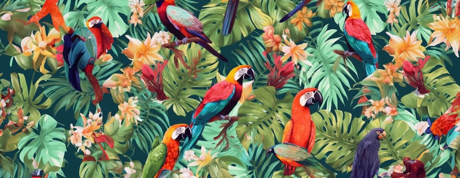 Tropical exotic pattern with animal and flowers in bright colors and lush vegetation. Ai Generative