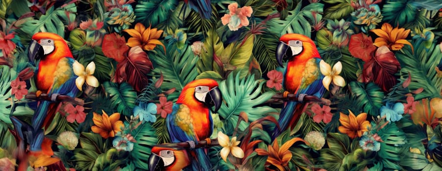 Tropical exotic pattern with animal and flowers in bright colors and lush vegetation. Ai Generative