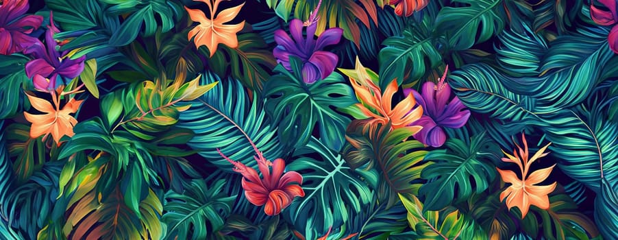 Tropical exotic pattern with animal and flowers in bright colors and lush vegetation. Ai Generative