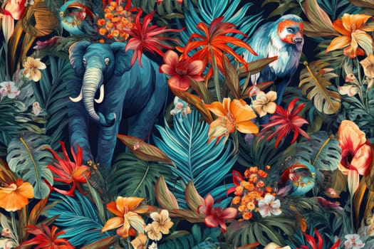 Tropical exotic pattern with animal and flowers in bright colors and lush vegetation. Ai Generative