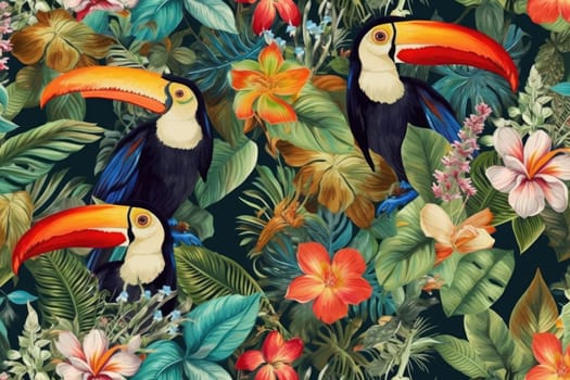 Tropical exotic pattern with animal and flowers in bright colors and lush vegetation. Ai Generative