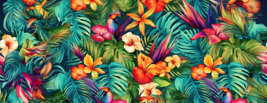 Tropical exotic pattern with animal and flowers in bright colors and lush vegetation. Ai Generative