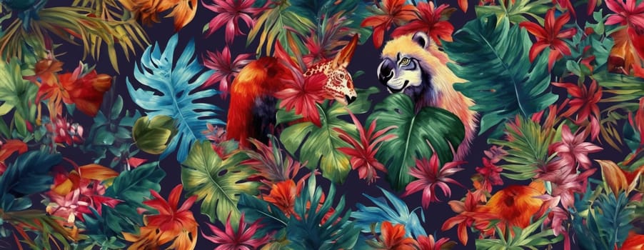 Tropical exotic pattern with animal and flowers in bright colors and lush vegetation. Ai Generative