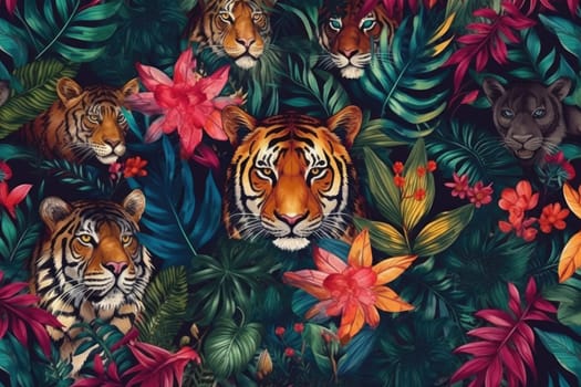 Tropical exotic pattern with animal and flowers in bright colors and lush vegetation. Ai Generative