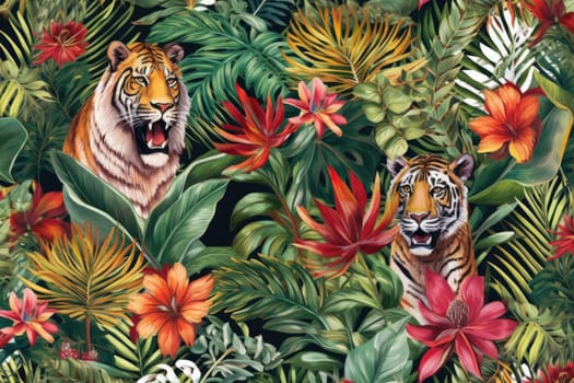 Tropical exotic pattern with animal and flowers in bright colors and lush vegetation. Ai Generative