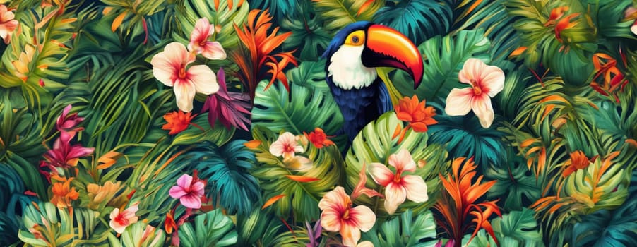 Tropical exotic pattern with animal and flowers in bright colors and lush vegetation. Ai Generative