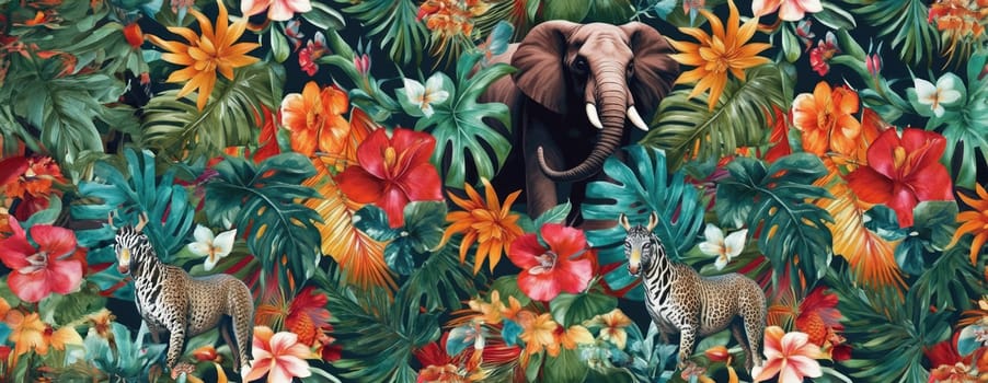 Tropical exotic pattern with animal and flowers in bright colors and lush vegetation. Ai Generative