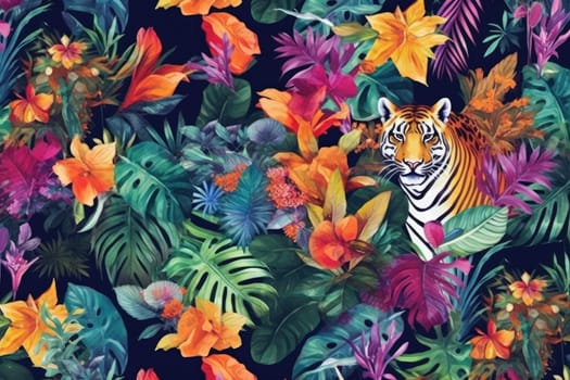 Tropical exotic pattern with animal and flowers in bright colors and lush vegetation. Ai Generative