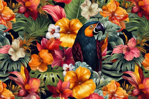 Tropical exotic pattern with animal and flowers in bright colors and lush vegetation. Ai Generative