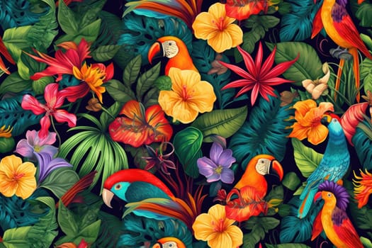 Tropical exotic pattern with animal and flowers in bright colors and lush vegetation. Ai Generative